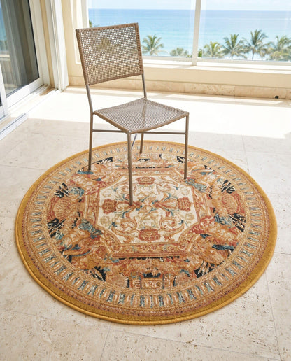 Rugs.com - Outdoor Traditional Rug – 3 Ft Round Black Gold Brown Indoor/Outdoor Rug – Weather-Resistant Flatweave for Patio, Deck, and Porch