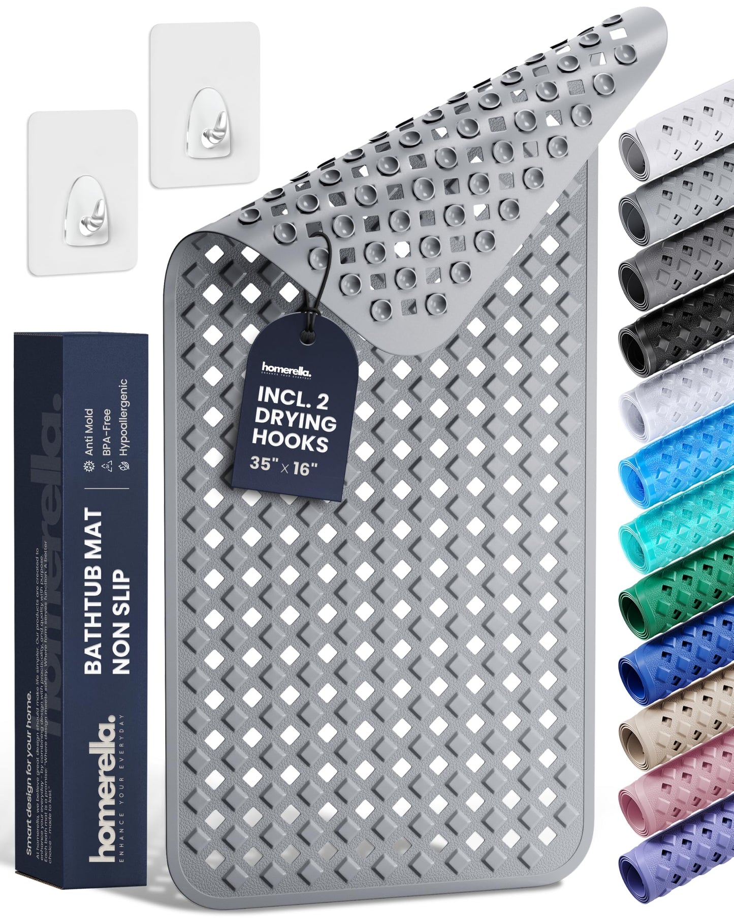 Bathtub Mat Non Slip 35x16 - homerella® Bath Mat Incl. Hooks for Drying, Extra Long, 100% BPA Free, Shower Mat Non Slip Anti Mold, Machine Washable, Shower Mats for Inside Shower Mildew Resistant