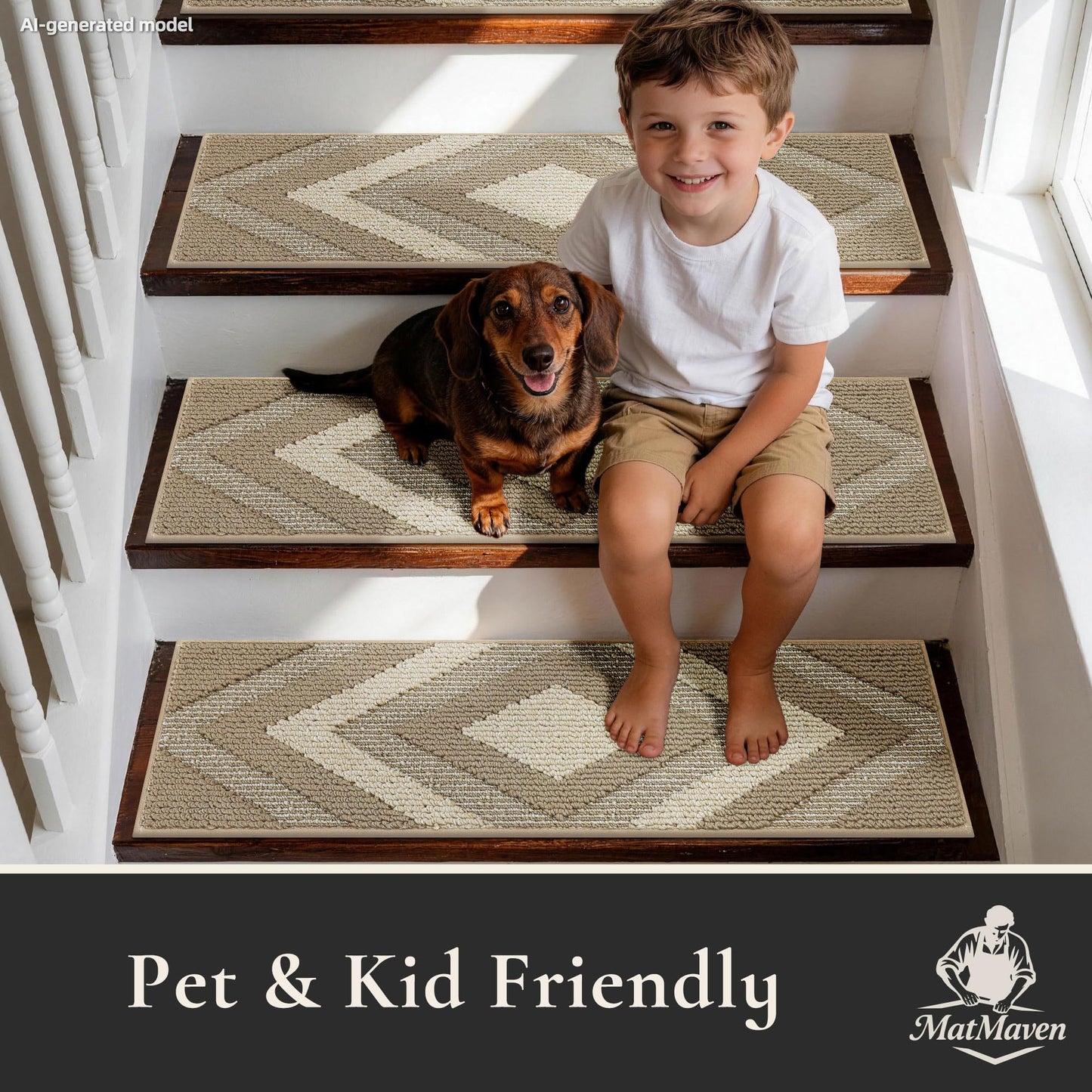 MatMaven Stair Treads for Wooden Steps Indoor, 14 Pack 9"x28" Non Slip Carpet Stair Treads,Machine Washable Stair Runner Rugs with Peel & Stick Reusable TPE Backing for Kids Elders & Pets,Beige
