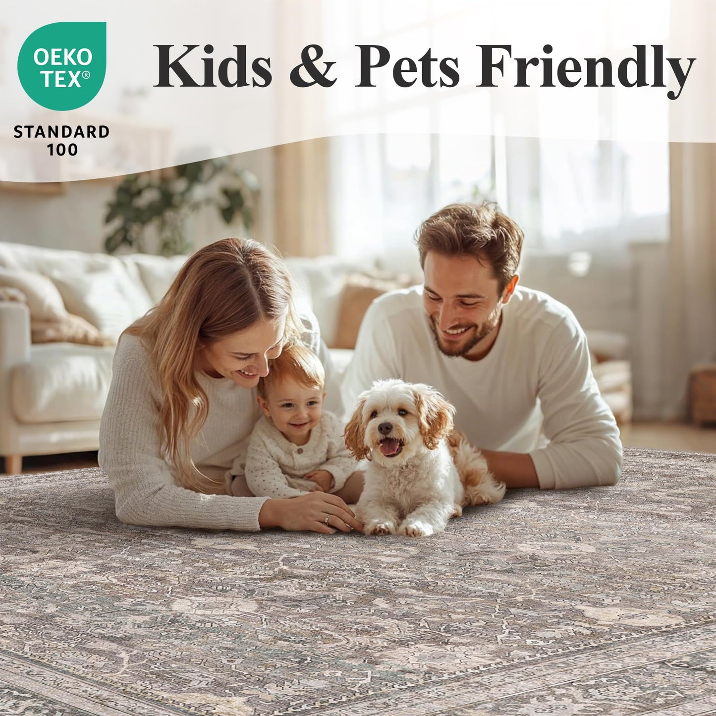 Schweek 6x9 Area Rug Washable Neutral Vintage Distressed Living Room Rugs Large Non Slip Low Pile Soft Floral Carpet Stain Resistant Throw Rug for Bedroom Dining Room Kitchen Office Nursery Taupe
