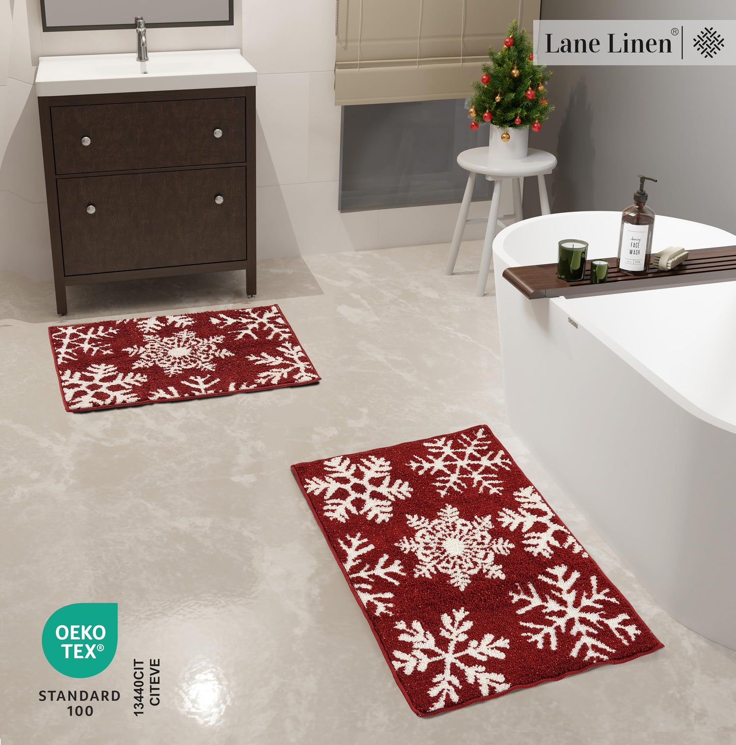 LANE LINEN Snowflake Premium Christmas Bath Rug Set 2 Piece, Extra Soft & Absorbent, Machine Washable Non Slip Shower Mat - 20'' x 32'' / 17'' x 24'' for Bathroom Floor