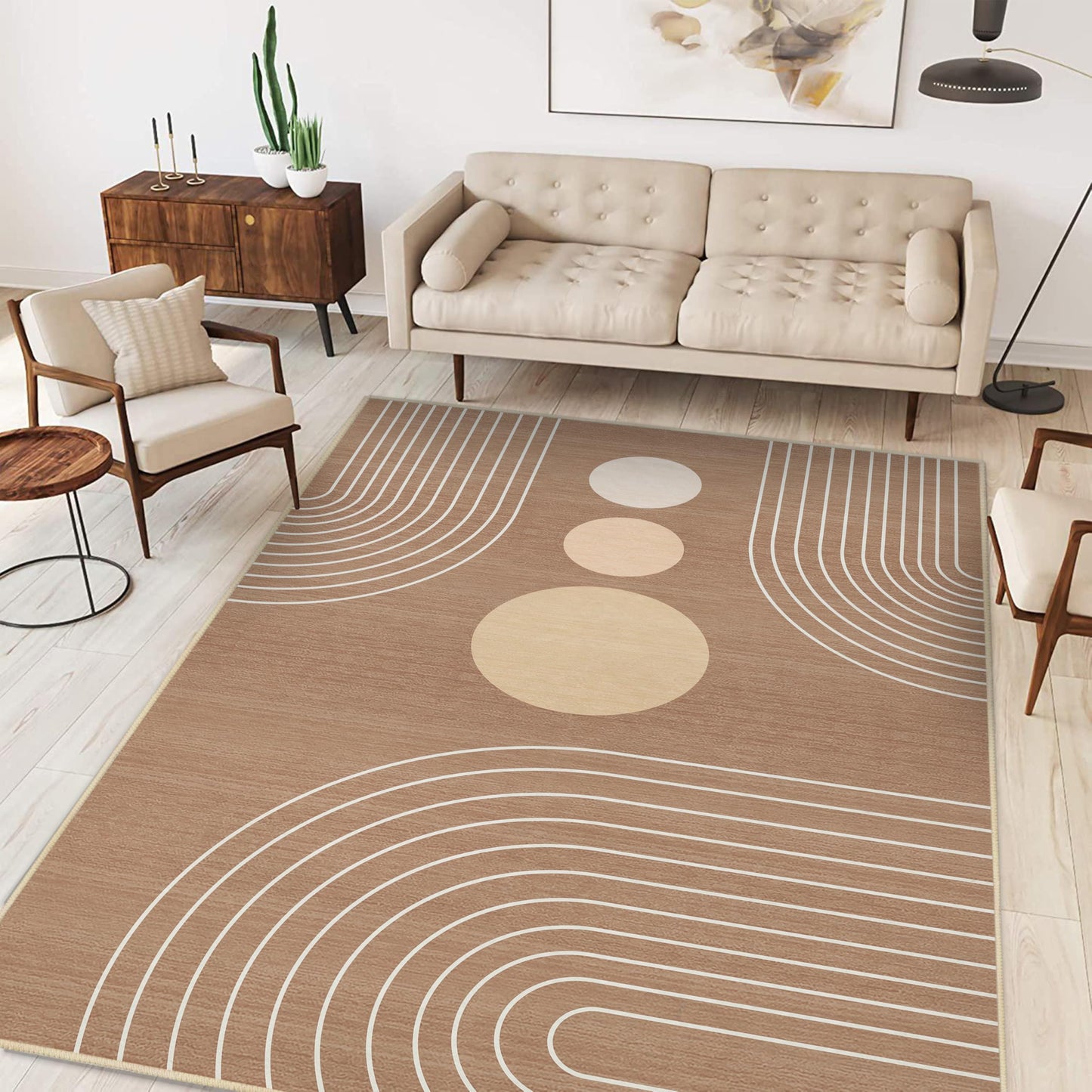 Boho Rug 3x5 Modern Geometric Minimalist Abstract Line Area Rug for Entryway Living Room Brown Mid Century Modern Machine Washable Non-Slip Printed Low-Pile Floor Carpet for Kitchen Bedroom Brown