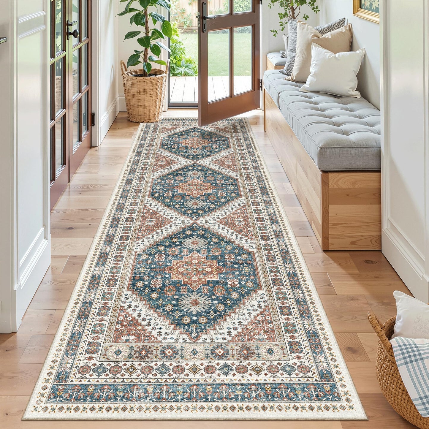Madane Runner Rug 2'6''x8' Kitchen Runner, Hallway Runner Printed Vintage Washable Rugs Soft Non-Slip Low Pile 2.5x8 ft Runners for Hallways Laundry Room Rug Distressed Rug, Navy Blue