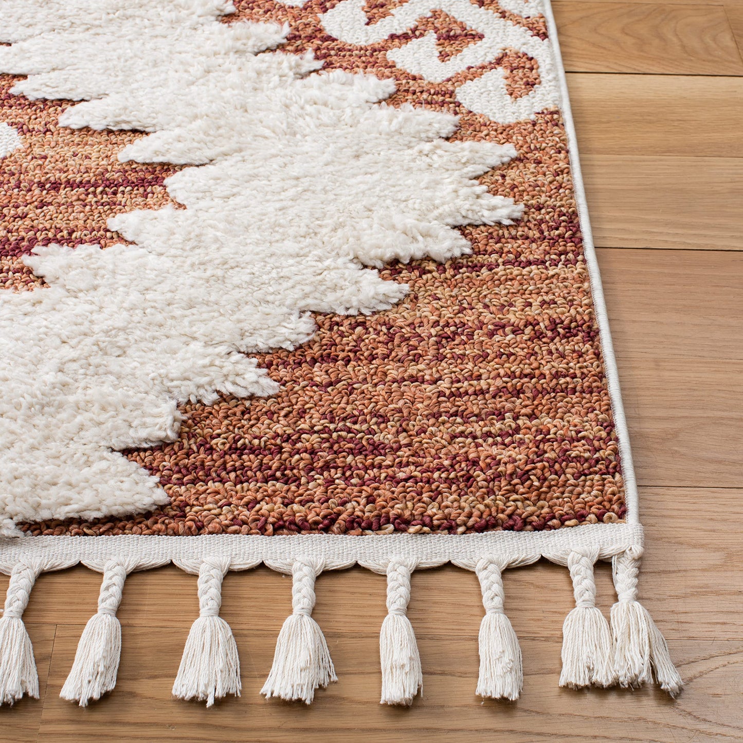 SAFAVIEH Area Rug 8x10 - Moroccan Tassel Shag Collection - Large - Orange & Ivory, Boho Design, Non-Shedding & Easy Cleaning, Plush Pile, Ideal for Living Room, Bedroom, Dining Space (MTS652P)