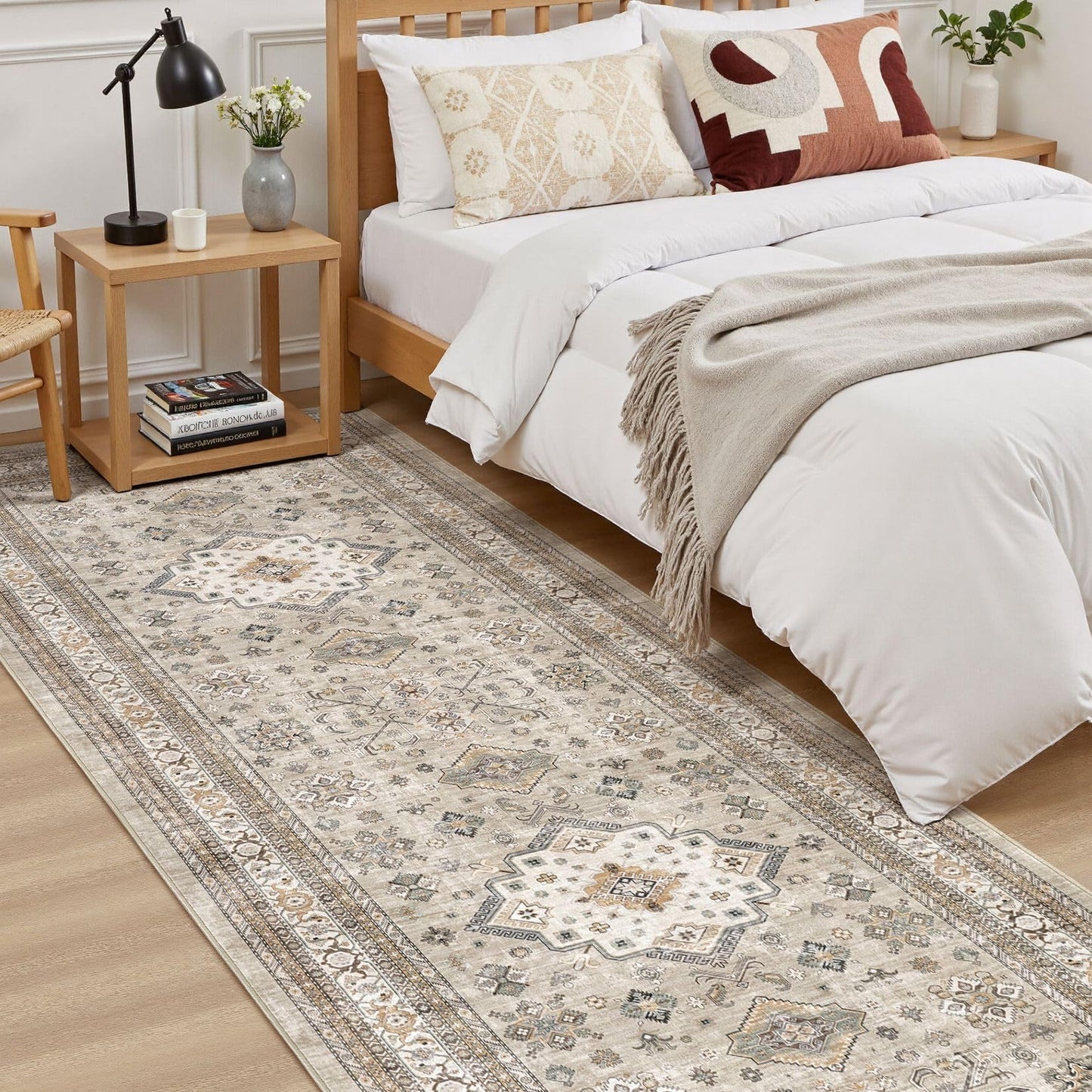 Vintage Hallway Runner Rug 3x8: Large Soft Washable Entryway for Kitchen Laundry Room Non-Slip Backing Runner for Entrance Living Room Bedroom Bathroom - Beige