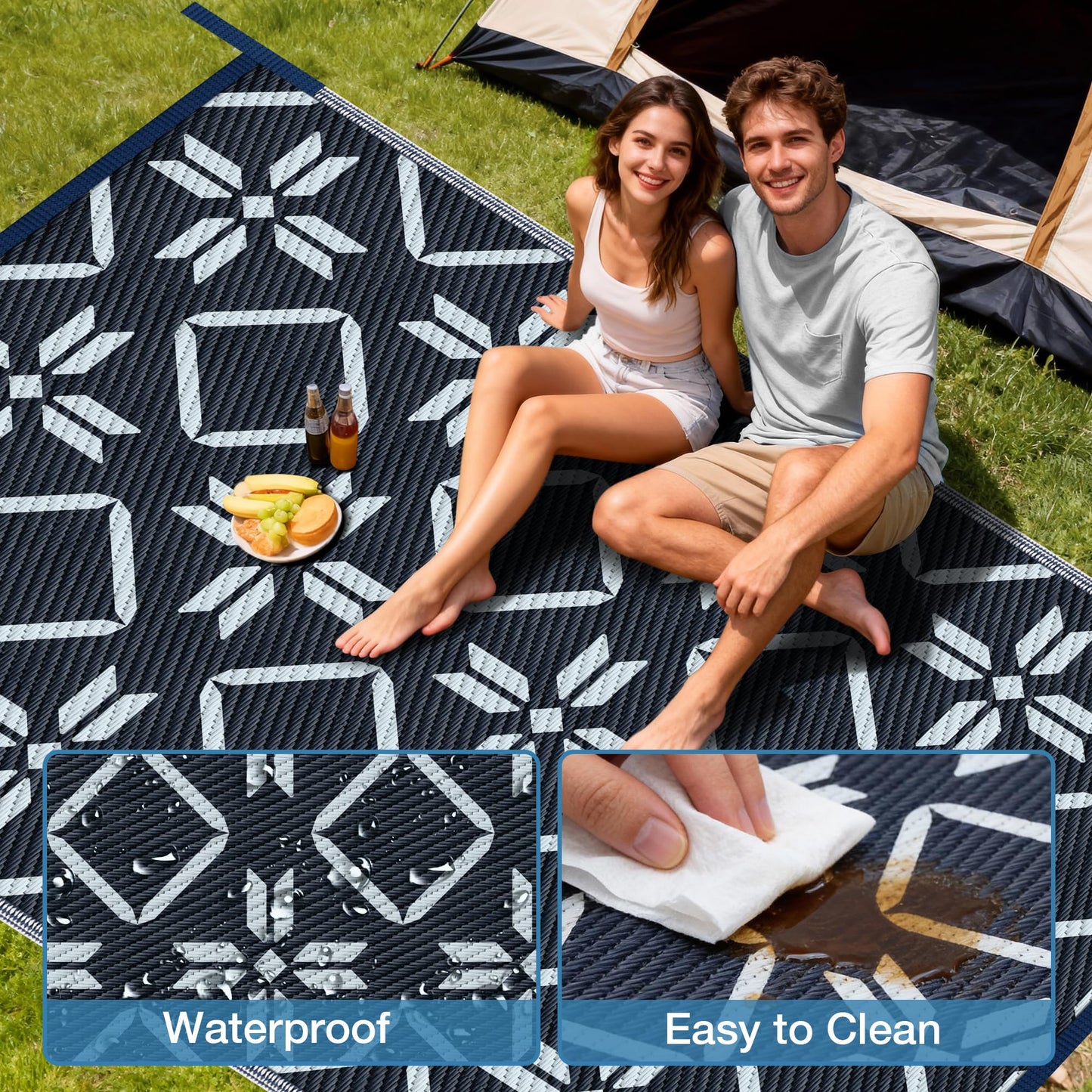 Kohree Outdoor Rug Waterproof 9x12, Reversible RV Outdoor Plastic Straw Rug Patio Mat, Non-Slip Easy Cleaning RV Carpet for Patio Camping Deck Picnic, Backyard, Includes Carry Bag (Blue)