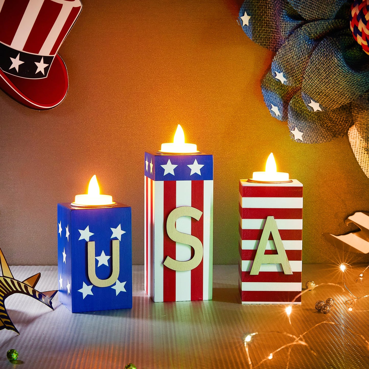 BlcTec 4th of July Decorations, 3 PCS Patriotic Wood Candle Holders with Tea Lights, Rustic Farmhouse Centerpieces for Home, Tiered Tray, Tabletop, Mantel, Office, Porch, Memorial Day, July 4th Décor