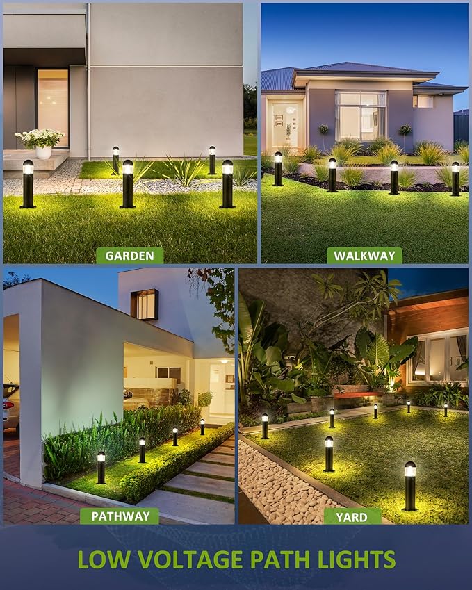 12 Pack Low Voltage Landscape Pathway Lights Wired, Outdoor Modern 12V LED Bollard Lights for Driveway Garden Walkway Yard Lawn (Included Connector), 2700K Warm White Waterproof, Black