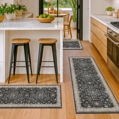 Black Boho Kitchen Rugs Set of 3, Non-Slip Machine Washable Kitchen Floor Mats, Low-Pile Runner Rug for Sink, Entryway, Bathroom, Laundry Room, Bedroom, Vintage Farmhouse Design