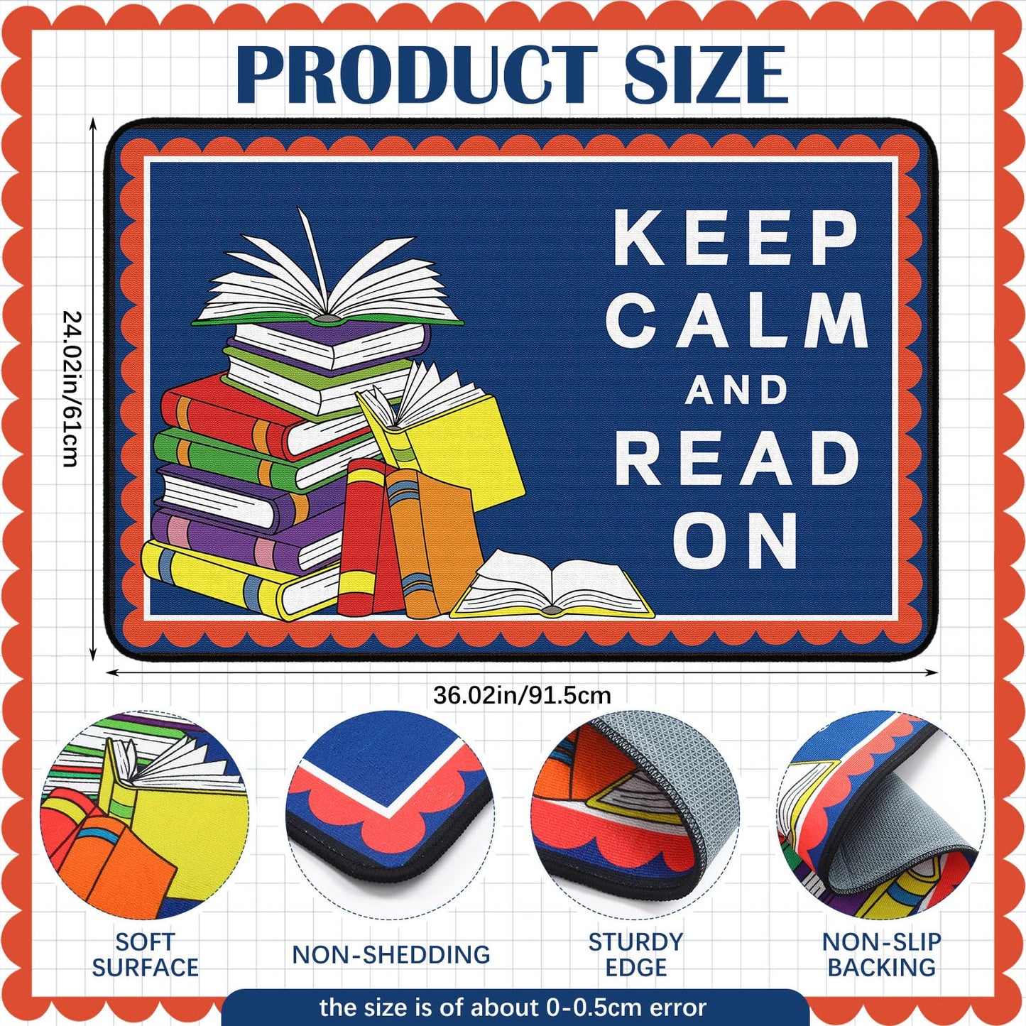 Dunzy Keep Calm and Read On Mat Classroom Calm Down Corner Rug 36" x 24" Non-Slip Carpets Black Rug for School Living Bedroom Playroom