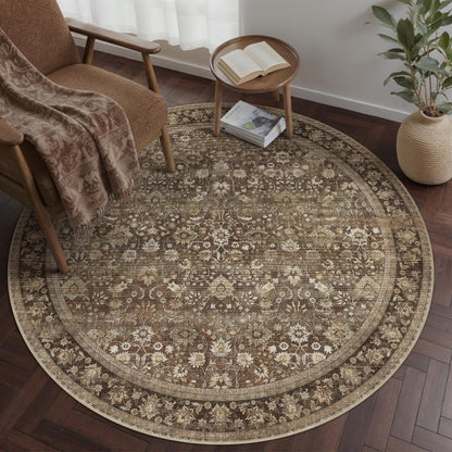 HUGEAR Round Rug 5ft Entryway Rugs Machine Washable Brown Hallway Area Rug 5x5 Small Circle Accent Rug Floral Low Pile Carpet Soft Throw Rug Living Room Office Laundry Room Entrance Non Slip