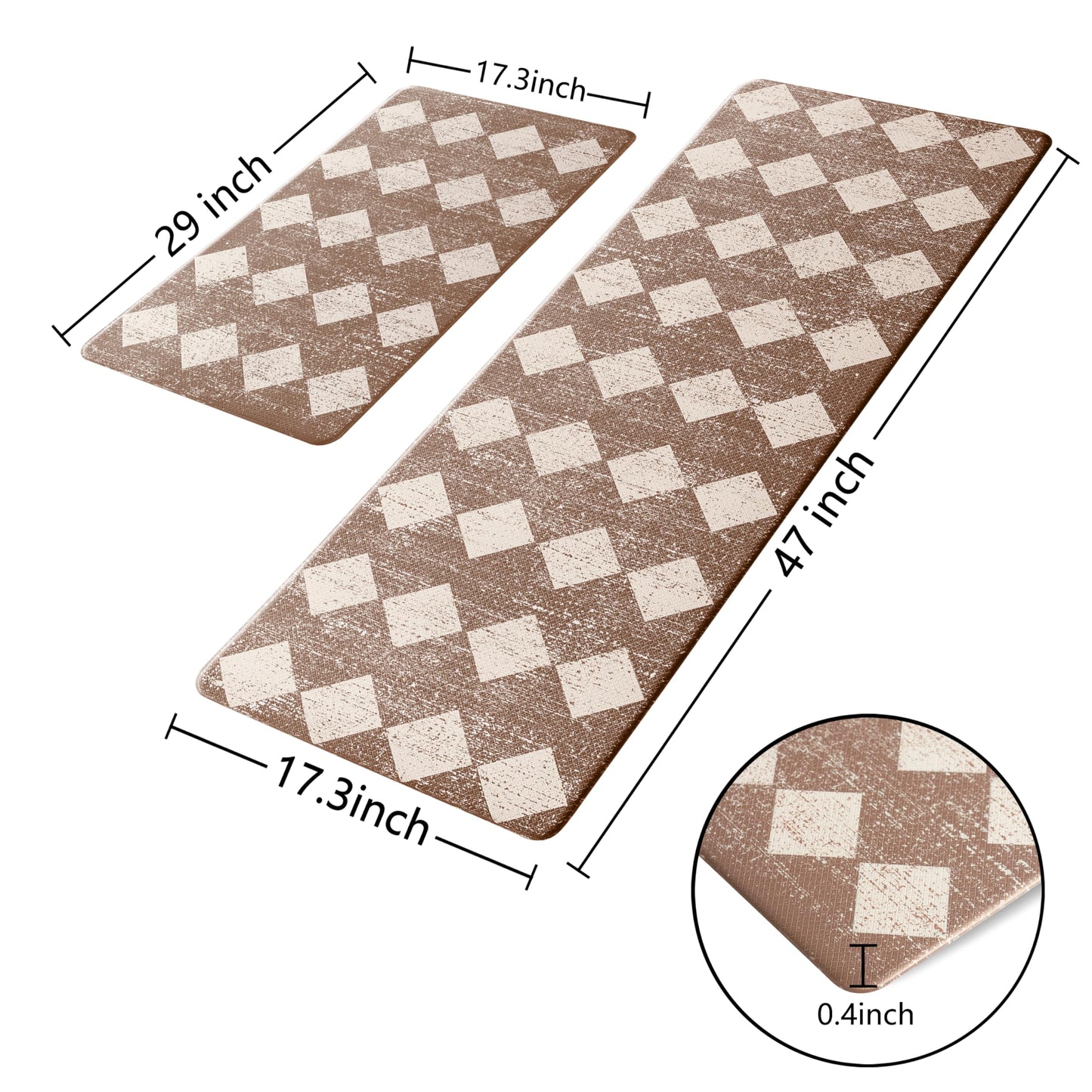 VivaNest Khaki Beige Moroccan Trellis Checkered Kitchen Rug Sets [2 PCs], Anti-Fatigue, Waterproof Non-Slip Kitchen Mats Heavy Duty Ergonomic Comfort Foam Rug for Floor, Home, Laundry,17"x29"+17"x47"