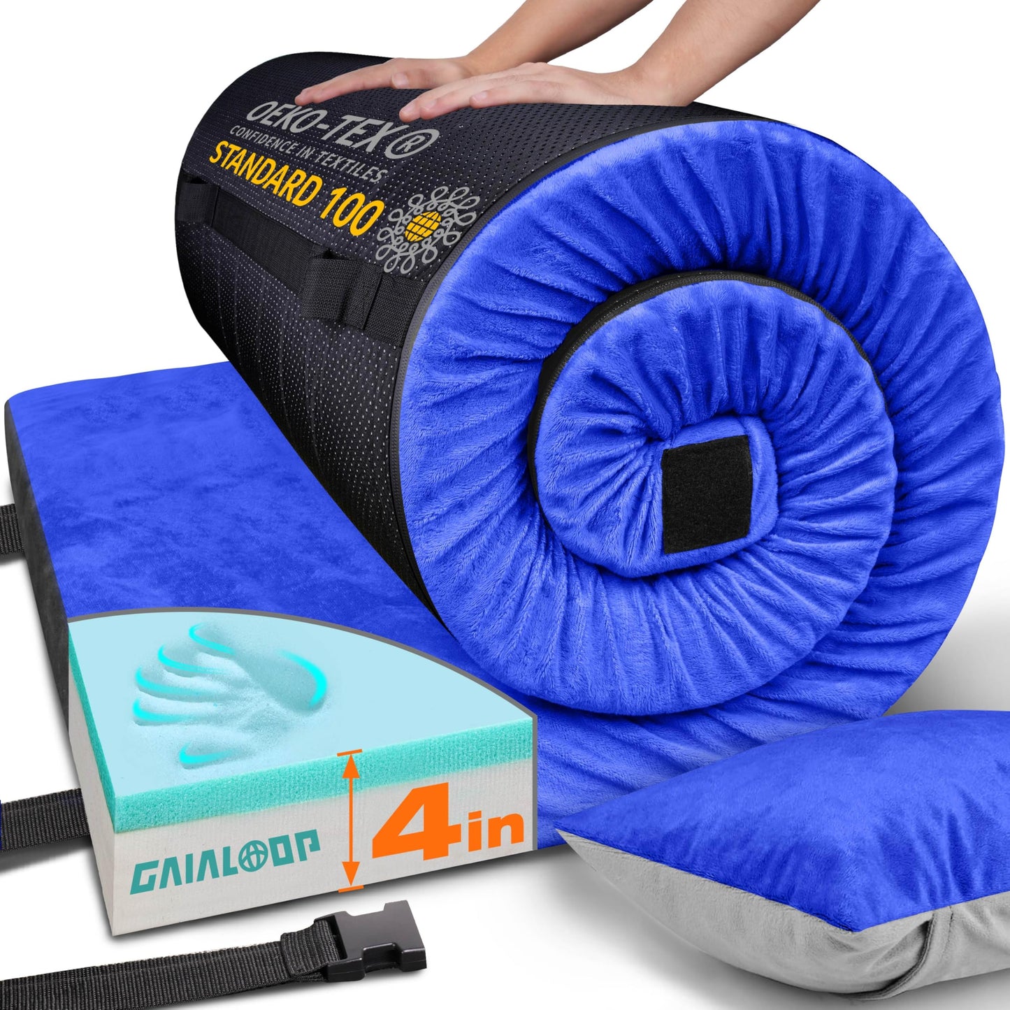 GAIALOOP 4 INCH Thick Memory Foam Camping Pad Futon Mattress, Portable Floor Sleeping Mat Sleepover Guest Bed Roll Up Mattress for Outdoor Extra Supportive for Side Sleepers [Single:75 * 30 * 4"]