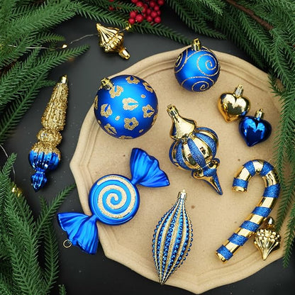 SHareconn 145pcs Christmas Balls Ornaments Set, Shatterproof Plastic Baubles Snowflakes, Stars and Tree Topper for Xmas Tree Holiday Wedding Party Decorations with Hanging Strings, Gold and Blue