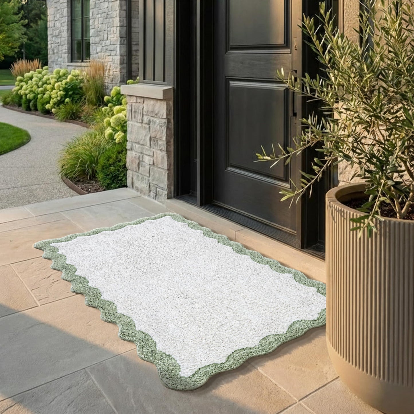 Cotton Scalloped Bathmat with Antiskid 20"x32" SAGE Green – 100% Cotton Scalloped Bath Mat, Anti Skid, Soft & Absorbent Bathroom Rug for Shower, Tub & Entryway