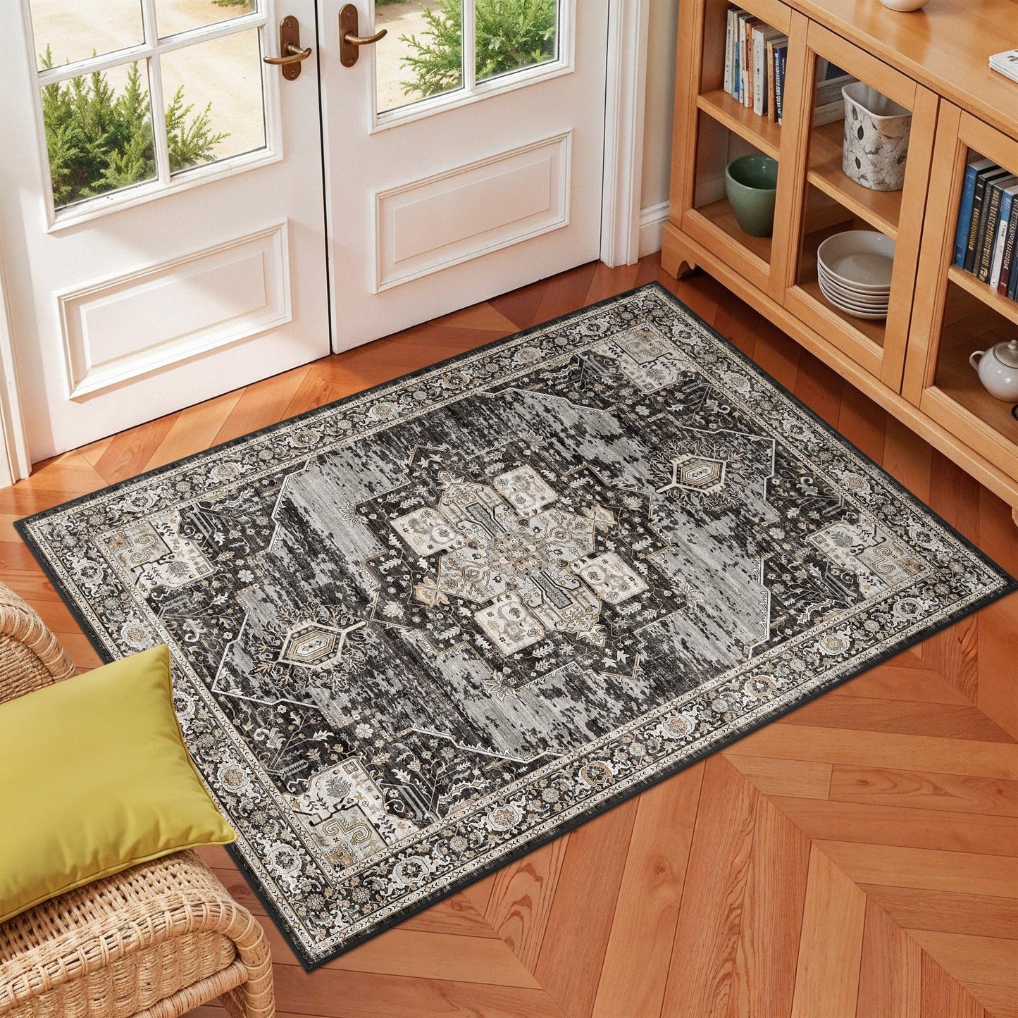 RUUGME Black Washable Entry Rug : 3x4 Rugs for Entryway Kitchen Bathroom Indoor - Soft Stain Resistant Carpets Distressed Floor Decor Mat 3x4 Black