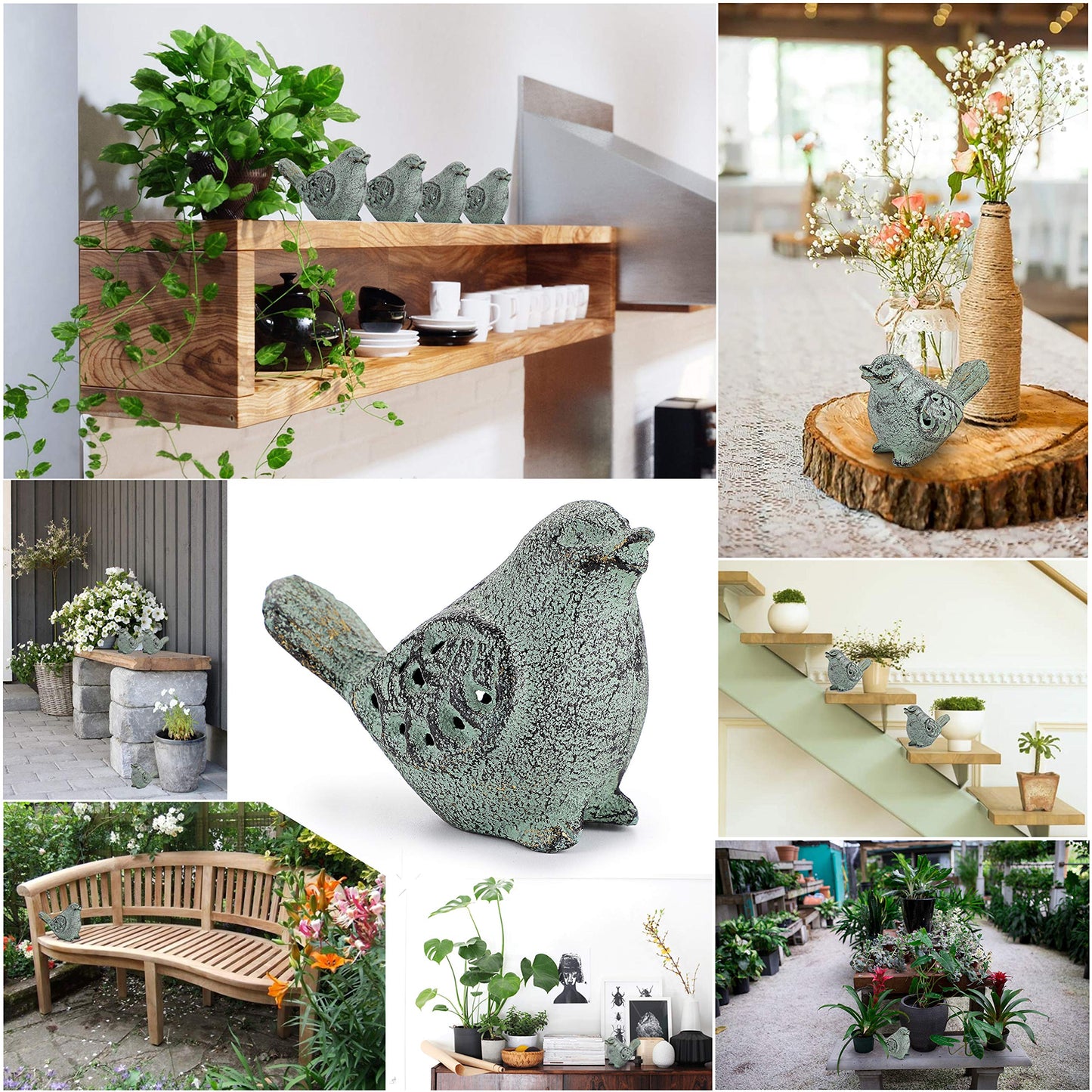 OwnMy 2PCS Cast Iron Green Bird Sculptures - Outdoor & Indoor Small Birds Statues, Hollow Carved Bird Figurines Ornaments Decorative Animal Figurines for Garden Patio Home Decors