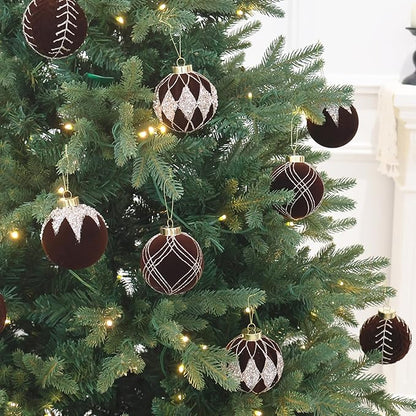 4inch Velvet Ornaments for Christmas Tree, 9PCS Glitter Flocked Christmas Ornaments Decorations Balls Set Decor Brown