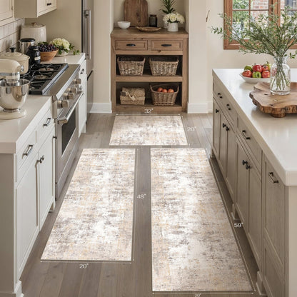 WondRg Kitchen Rug Set of 3 Washable Beige Grey Abstract Kitchen Mats for Floor Non-Slip Kitchen Runner Rug Soft Low Pile for Bathroom Laundry Hallway Sink Entryway