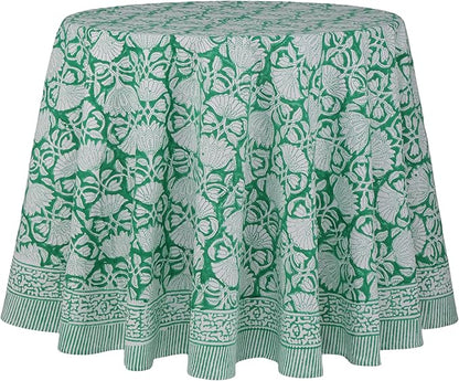 ATOSII Meadow Green 100% Cotton Summer Round Tablecloth, Block Print Table Cloth for Dining, Weddings, Outdoors, Parties I Grand Millenial Farmhouse Coastal Boho Home Decor 72" Inches 4 Seater