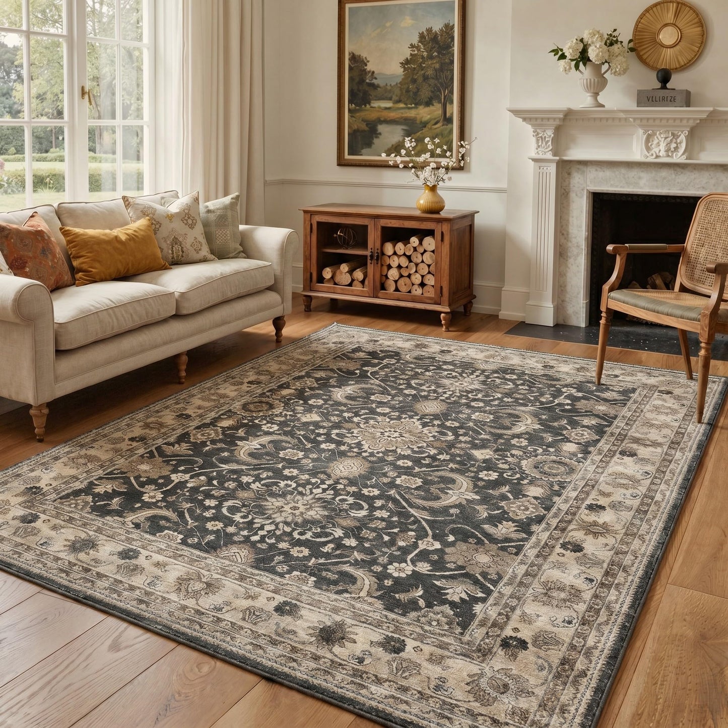 Bavni Area Rugs for Living Room, 5x7 Area Rugs Non-Slip Washable，Ultra-Thin Oriental Floral Rug for Bedroom Dinning Room Office, Dusty Taupe