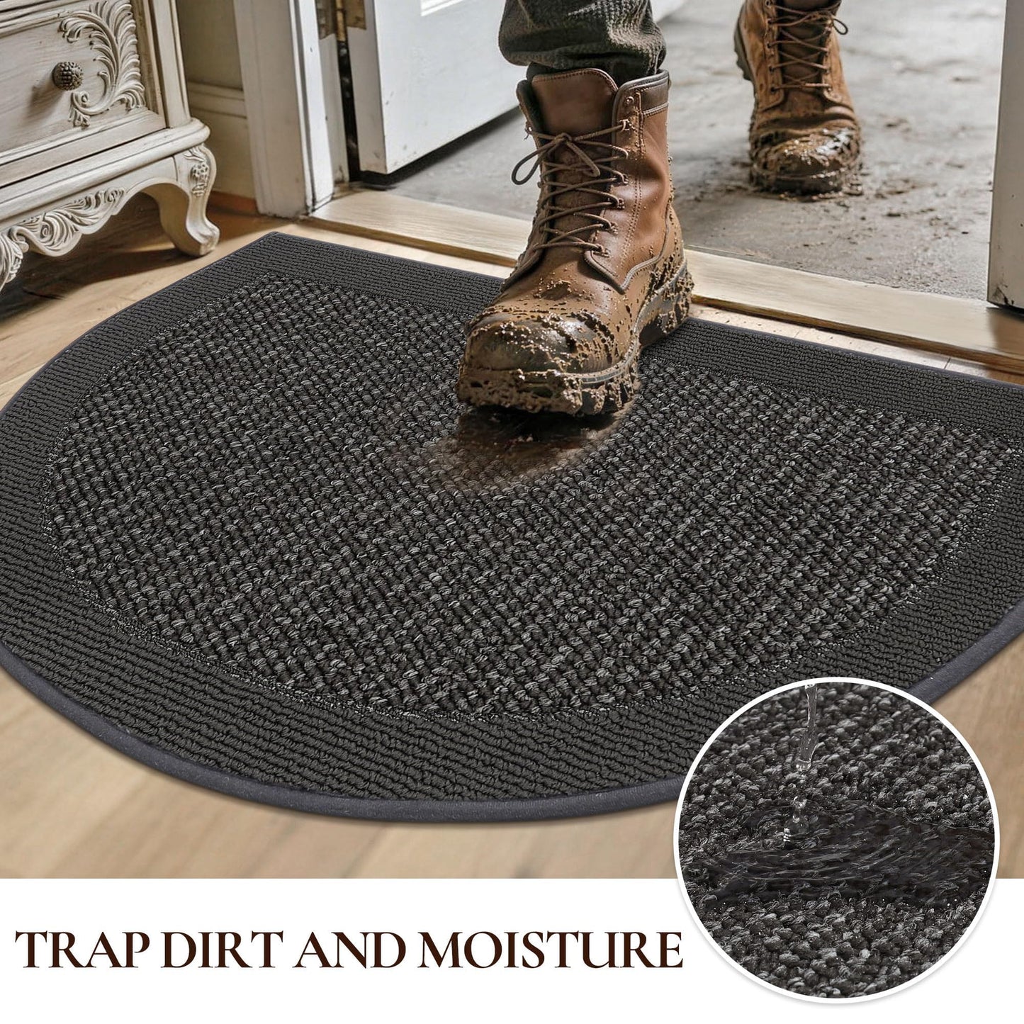 FLOORHUG Half Circle Door Mat Indoor Entrance Welcome, Non-Slip Washable Doormat, Trap Dirt and Moisture, Low Profile Mats for Indoor Entry, 32"x48", Dark Grey
