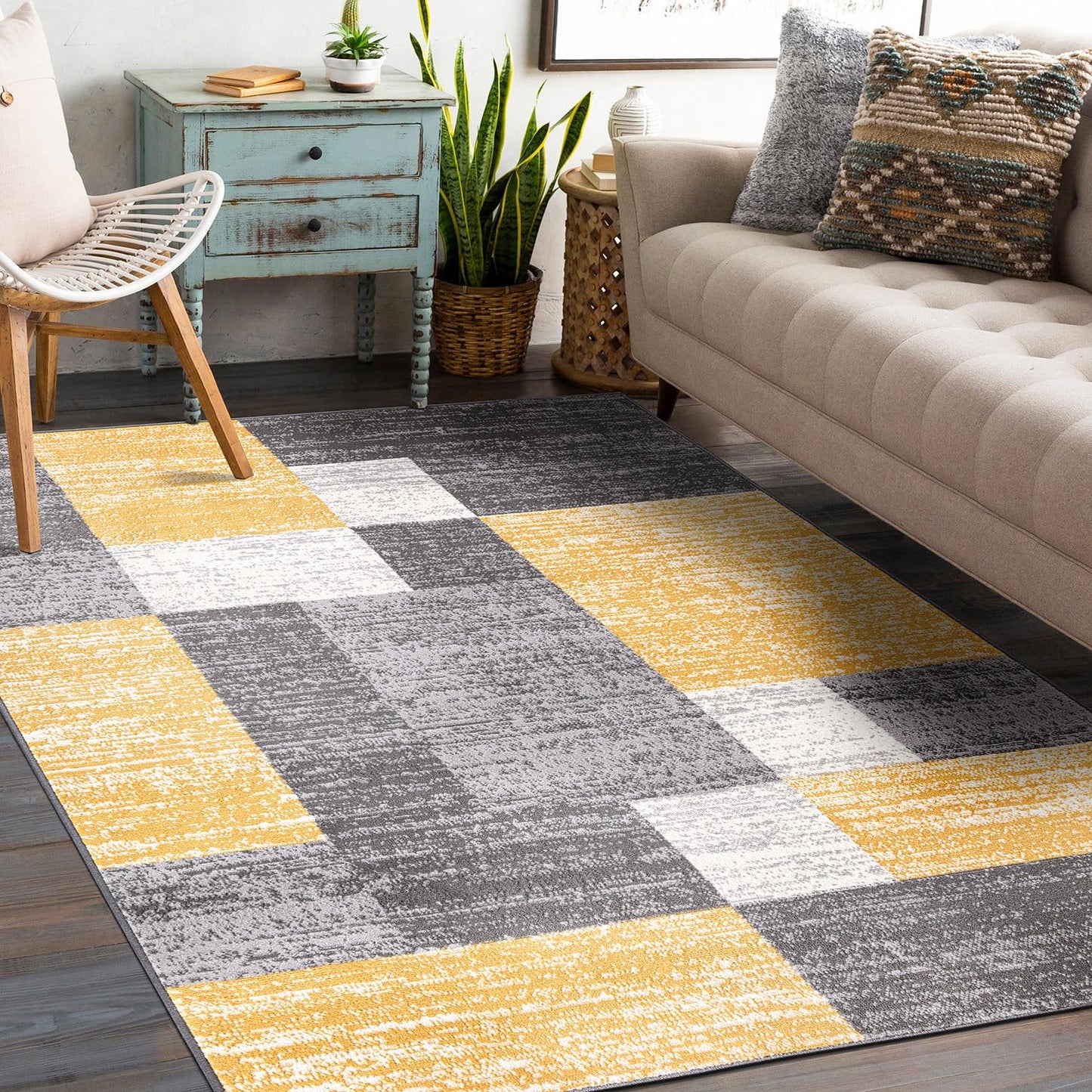 Rugshop Oslo Modern Yellow Area Rug, Geometric Boxes Design, Non-Shedding Carpet for Living Room or Bedroom, 5' x 7'