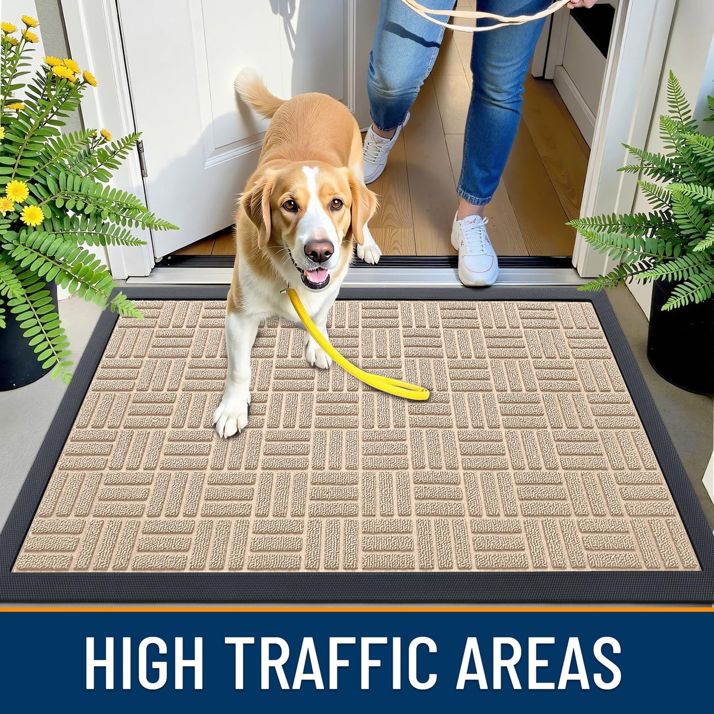 OLANLY Front Door Mat Outside Entrance 29.5x17, Absorbent, Heavy Duty Sturdy Natural Rubber Doormat Indoor Outdoor, Non-Slip, Stain and Fade Resistant, Low Profile Floor Mat for Entryway, Latte White
