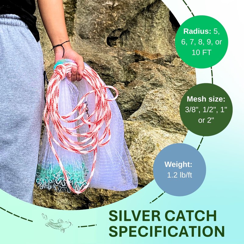 Silver Catch Cast Nets 5ft Radius|1/2 Inch Mesh for Fishing with Chain Bottom, Salt Water Casting Fishing Net Gear, Easy Throw Nets Fishing Bait in 4.5ft-10ft Radius|3/8",1/2",1" Mesh - Elite Series