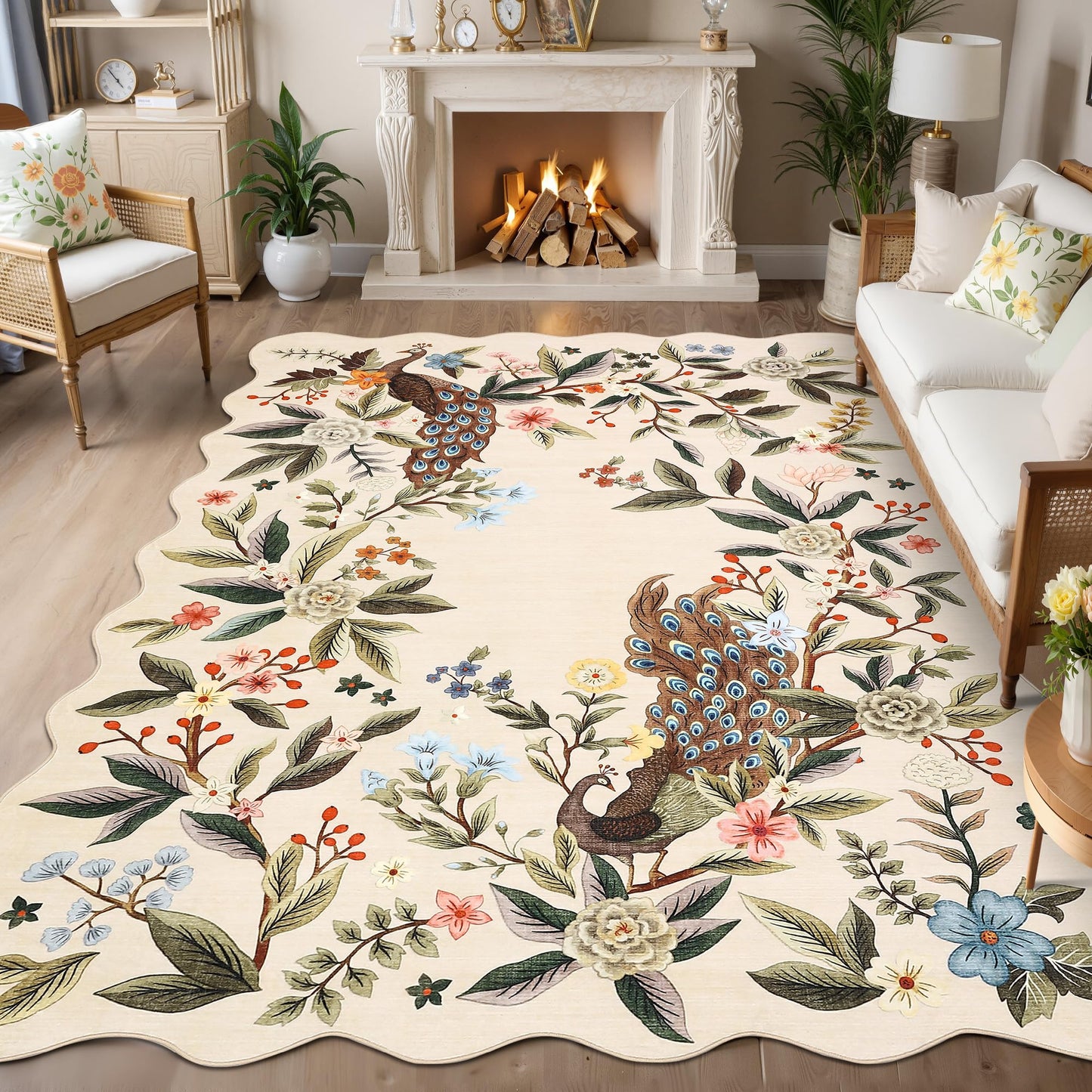 Garvee Scalloped Floral Peacock 8x10 Rug, Washable Large Non Slip Nursery Rugs Indoor Farmhouse Low Pile Area Rug for Bedroom Living Room, Ultra Thin Botanical Home Decor Carpet Mat, Beige