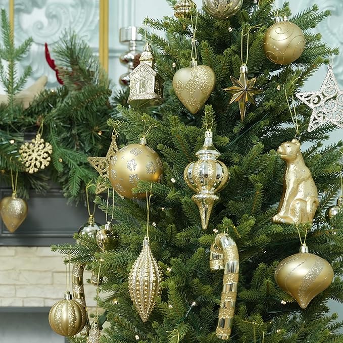 SHareconn 145pcs Christmas Balls Ornaments Set, Shatterproof Plastic Baubles Snowflakes, Stars and Tree Topper for Xmas Tree Holiday Wedding Party Decorations with Hanging Strings, Dark and Light Gold