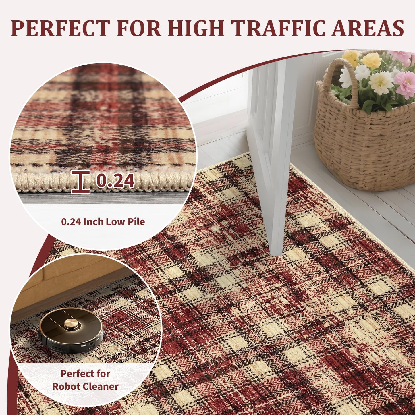 LUXLOOM Washable Rugs 2x10 Runner Rug Modern Plaid Bathroom Rugs Non Slip Kitchen Runner Low Pile Entryway Rug Soft Runners Stain Resistant Carpet for Laundry Hallway Bedside 2'x10' Red