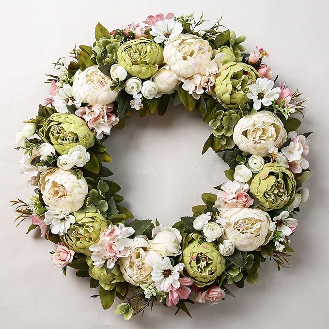 Peony Wreath 23" Floral Artificial Wreath for Front Door Wall Decor Home Décor Festival Celebration Wedding Party New Owners Seasonal Decoration Housewarming Gifts EZsenses (Green)