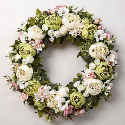 Peony Wreath 23" Floral Artificial Wreath for Front Door Wall Decor Home Décor Festival Celebration Wedding Party New Owners Seasonal Decoration Housewarming Gifts EZsenses (Green)