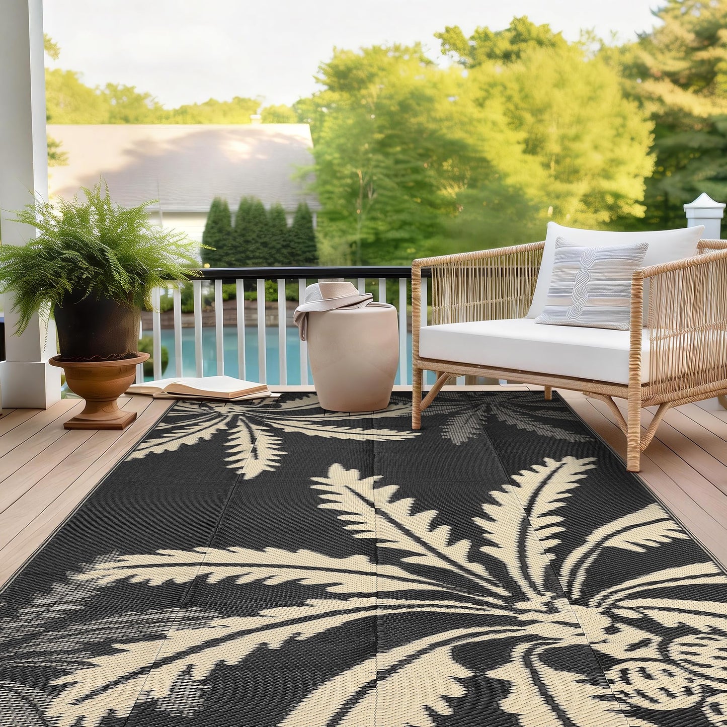 Garvee Waterproof Outdoor Rug 5x8 for Patio, Reversible Modern Area Rug, Large Plastic Straw Mat for Camping, RV, Porch, Backyard, Deck, Picnic, Beach, Black & Brown