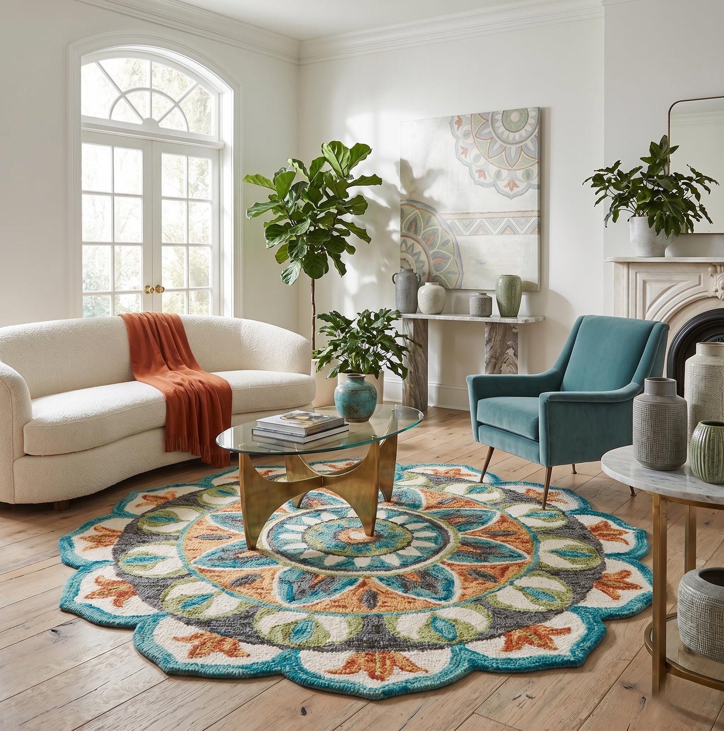 LR Home 6ft Round Indoor Wool Area Rug for Home Decor | Rugs for Living Room, Bedroom, Playroom, Entryway, Office | Hand Woven Modern Farmhouse Large Boho Area Rug for Room Decor | Rust/Teal