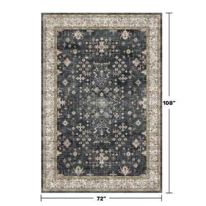 Boho Dining Room Rugs for Under Table - 6x9 Washable Black Area Rug For Living Room, Low Pile Non-Slip Rugs for Bedroom, Office - Charming Farmhouse Decor & Stain Resistance (6x9 Black/Multi)