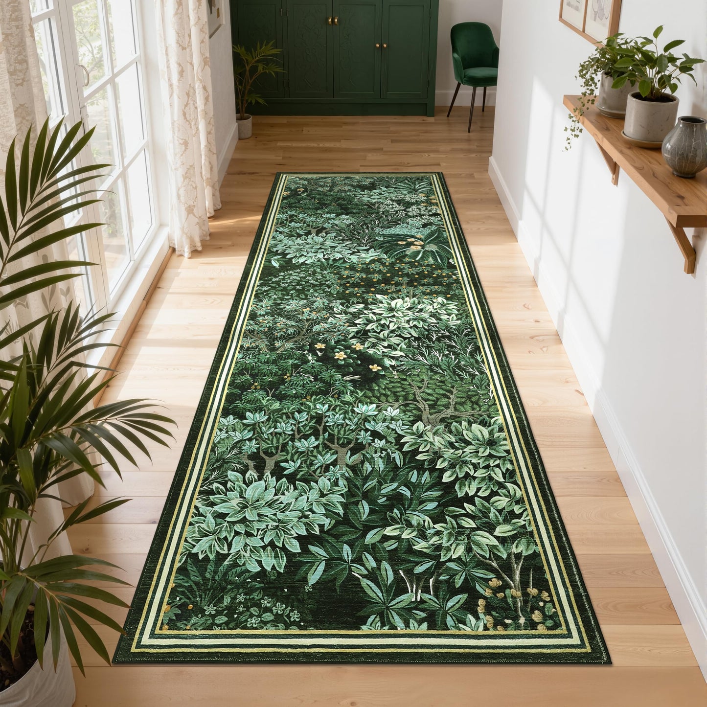 GarveeHome Forest Runner Rug, Green Washable Runner Rug 2x6 for Kitchen, Botanical Low Pile Non Slip Stain Resistance Woodland Hallway Rug for Entryway Bedroom Laundry Room