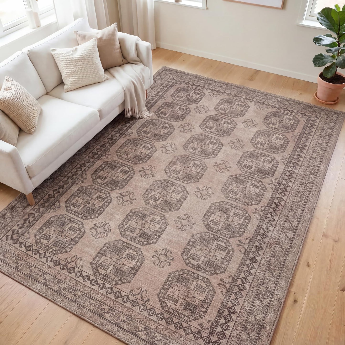 Kuden 6x9 Area Rug, Machine Washable Area Rug with Non-Slip Backing, Vintage Style, Soft, Easy Clean, Low Pile Rug for Living Room, Bedroom, Dining Room