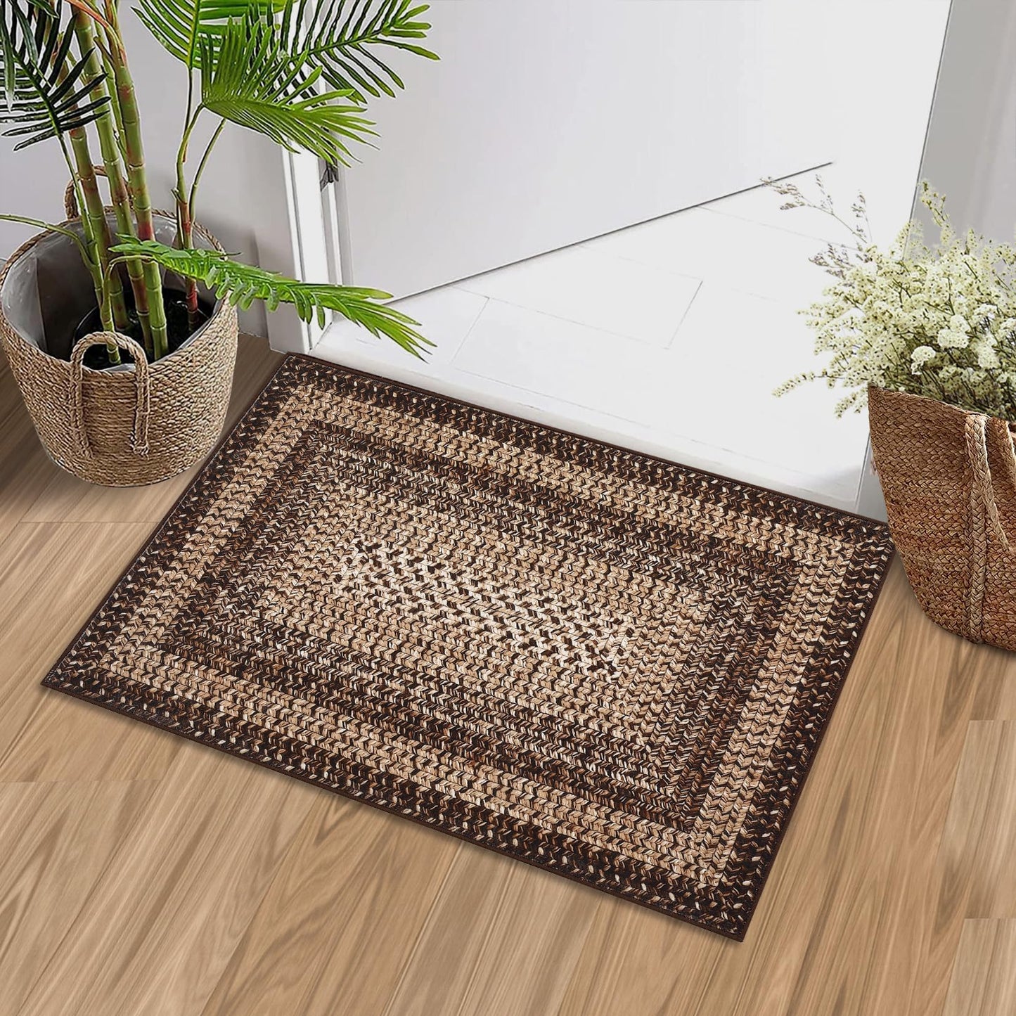 RUGSREAL 2x3 Entry Rug Small Bedroom Area Rug Braided Printed Mat for Living Room Farmhouse Kitchen Mat Indoor Non Slip Rustic Throw Carpet Machine Washable Rug for Sink Under Table, Brown