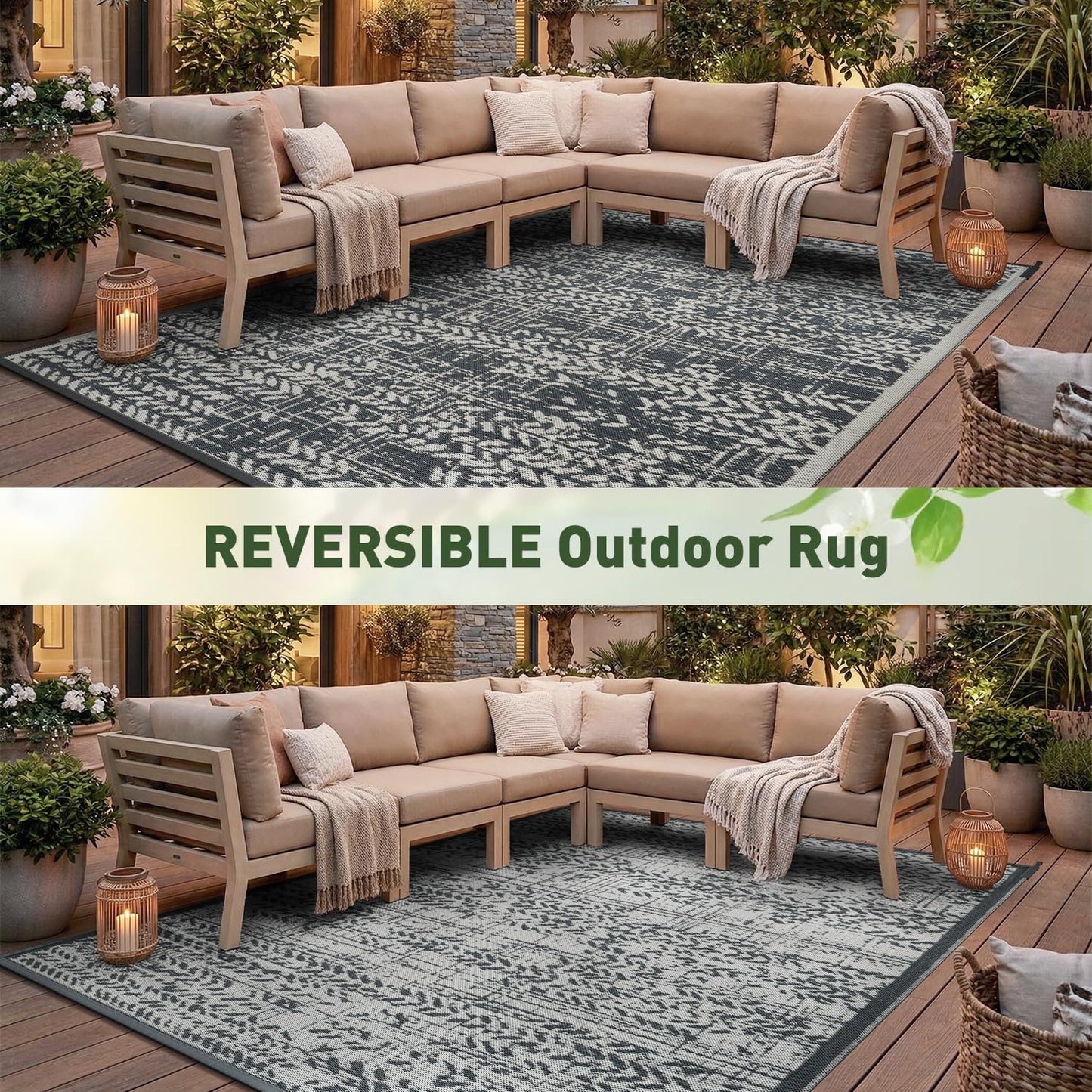 MontVoo Outdoor Rug 8x10 Waterproof-Patio Rug Mat Outdoor RV Camping Picnic Beach Mat Plastic Straw Rugs Outside Outdoor Area Rugs for Balcony Deck Backyard Grey