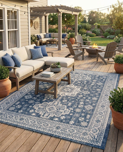 Rugs.com - Outdoor Aztec Rug – 9' x 12' Blue Indoor/Outdoor Rug – Washable Stain-Resistant Flatweave for Patios, Decks, and Porches