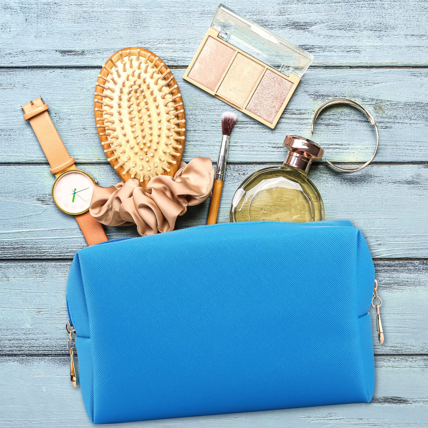 Sanwuta 9 Pcs Makeup Bags Bulk PU Double Zippers Cosmetic Bag Makeup Toiletry Small Pouch Portable Travel Organizers Case for Women Bridesmaid Proposal Gifts(Blue)