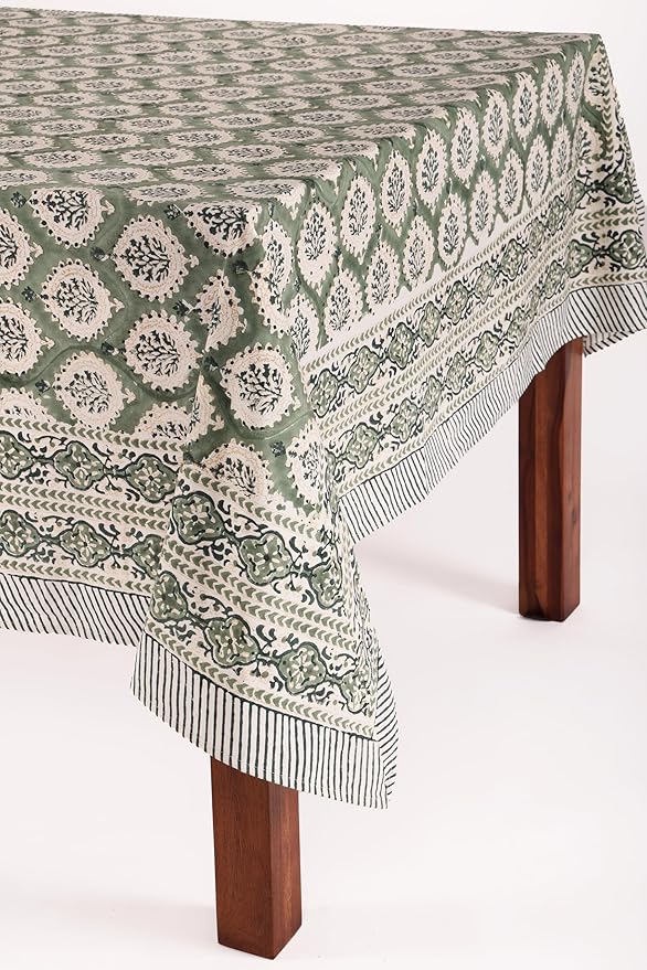 ATOSII Kari Green 100% Cotton Rectangle Boho Fall Tablecloth, Handblock Floral Table Cloth Linen for Kitchen Dining I Parties Wedding Outdoors Christmas Thanksgiving I 72 X 120 Inches I 10 Seater