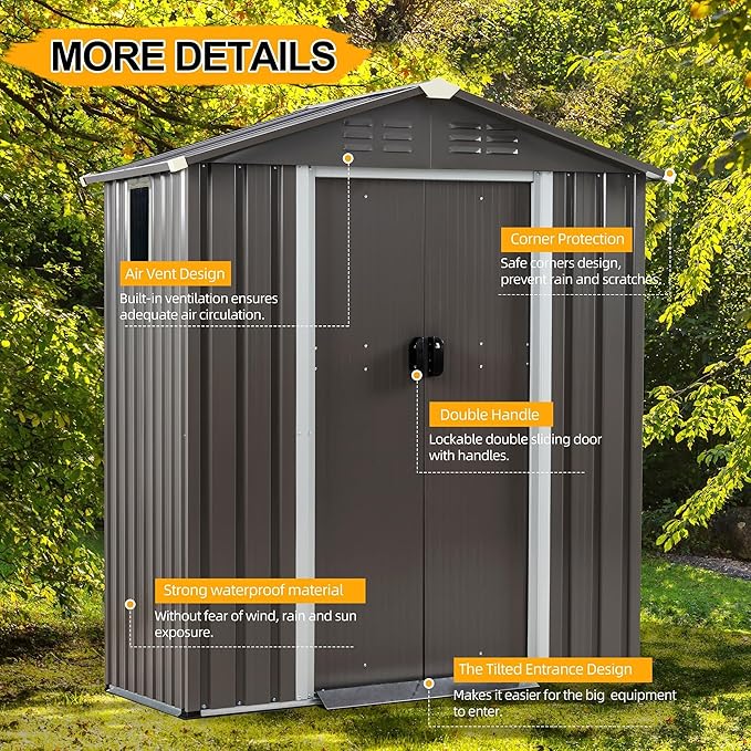 Shintenchi 5x3 FT Outdoor Storage Shed with Window, Lockable Outdoor Waterproof Tool Storage Sheds, Weather Resistant Tool Storage House Shed for Garden,Backyard,Patio Utility Tool Storage,Dark Gray
