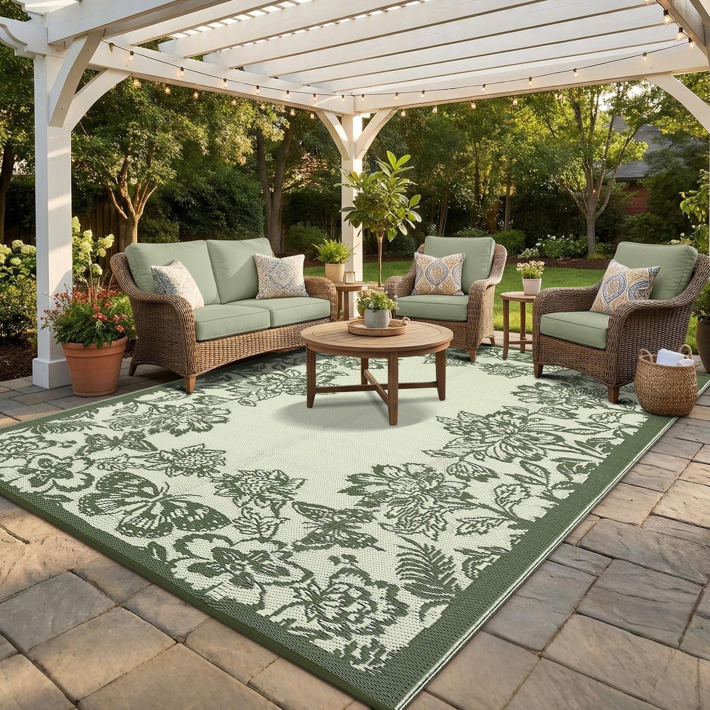 GarveeHome Outdoor Rug 9x18 Patio Waterproof, Reversible Plastic Straw Rugs for Camping, Picnic, Balcony, Porch, RV, Easy-Clean & Quick Dry Floral Pattern Large Indoor Outdoor Carpet, Green