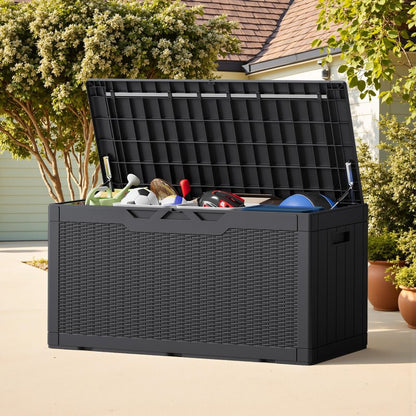 Greesum Outdoor Storage Box 100 Gallon Storage Bin with Lid for Patio Furniture, Garden Tools, Pool Supplies, Lockable, Waterproof and UV Resistant, Black