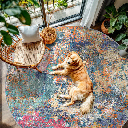 RUUGME Abstract 6ft Round Rug - Large Washable Rugs for Living Room Abstract Colorful Rug Indoor Non Slip Low Pile Carpet Bedroom Soft Foldable Stain Resistant Distressed Thin Mat 6ft Colorful/Multi