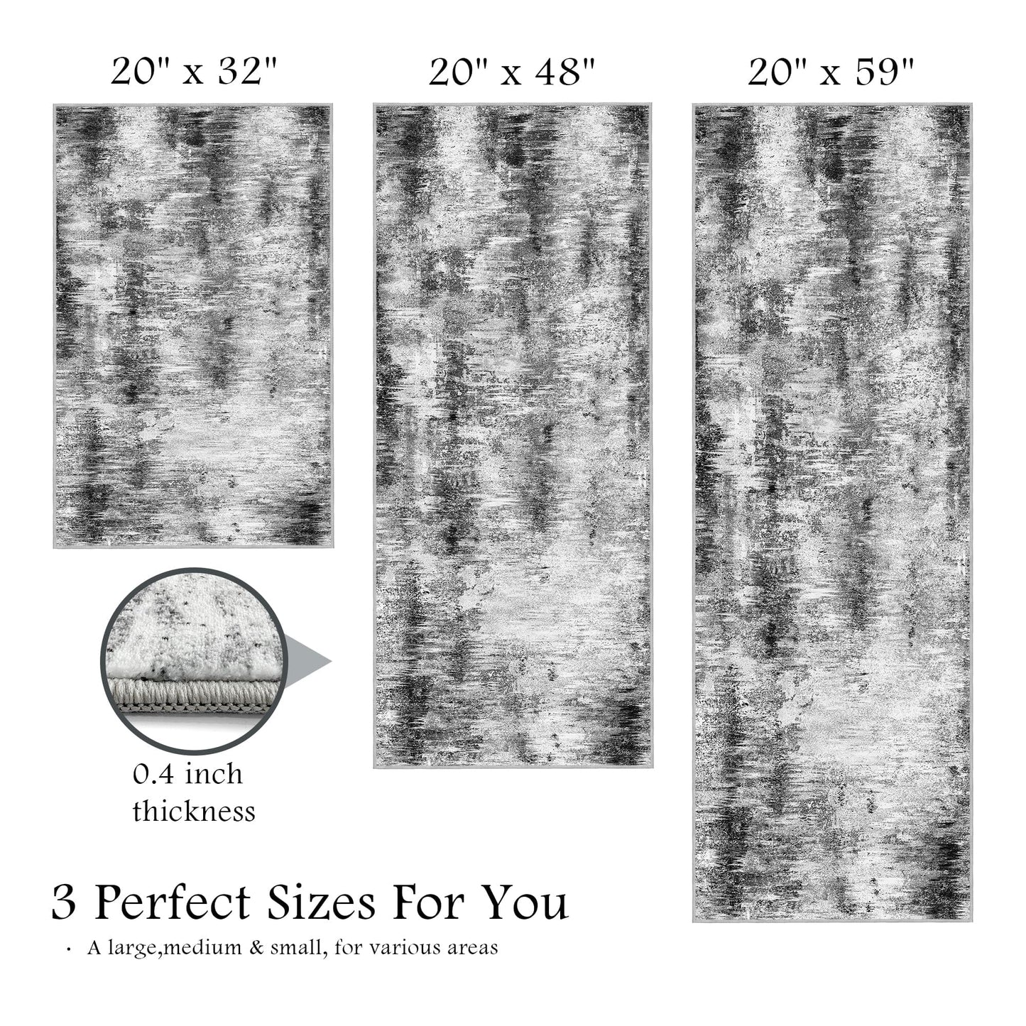 Tritard Upgrade Non Slip Kitchen Rugs Sets of 3 Washable Kitchen Mats for Floor Abstract Kitchen Runner Rug Ultra Soft Floor Mat Set Kitchen Carpet Rugs for Hallway, Laundry, Entryway, Office, Grey