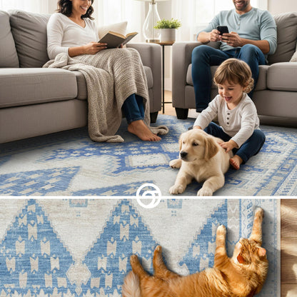 GIONARA Gray Blue Oushak Area Rug 6x9 - Modern, Machine Washable Vintage Turkish Boho Carpet Low Pile Non Slip Large Area Rugs for Living Room, Dining Bedroom, Kids Playroom, Farmhouse
